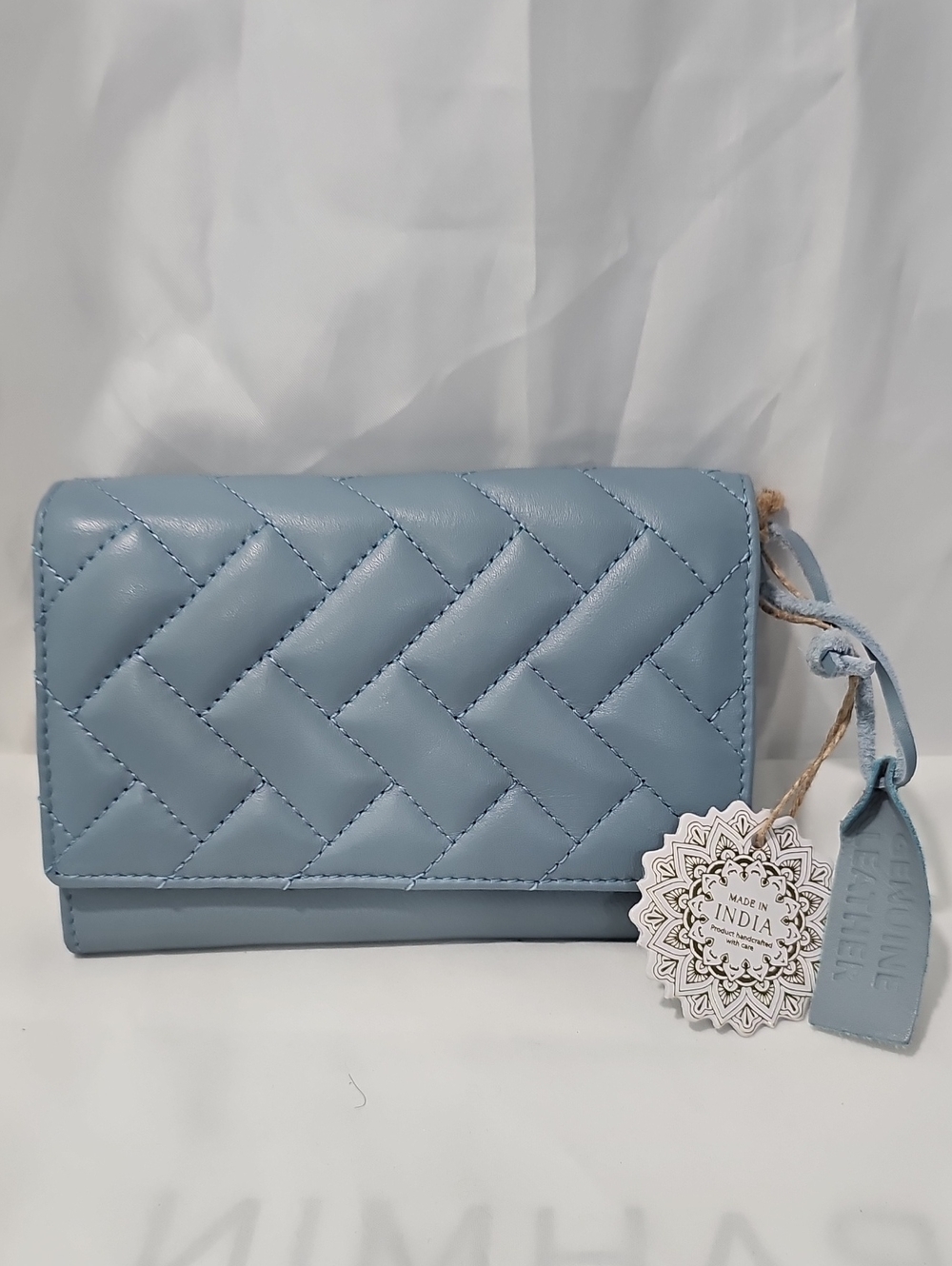 Quilted Light Blue Women’s  Leather Wallet Made In India